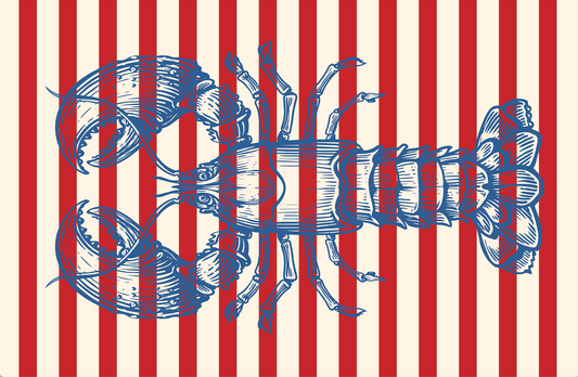 Rockport Lobster Tablecloth featuring a blue lobster on red and white stripes