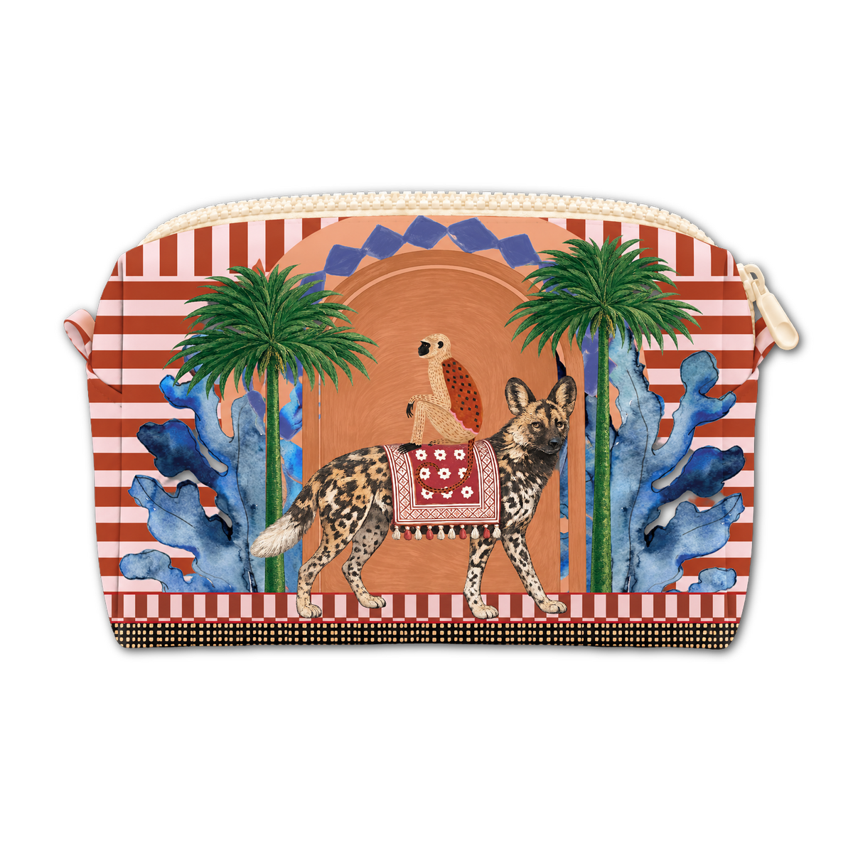 A zippered cosmetic pouch featuring a whimsical illustrated design of a spotted hyena carrying a bird on its back, flanked by palm trees, blue coral, and red-and-white striped borders, shown on a plain white background.