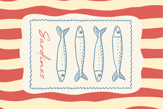 Sardines Summer Tablecloth featuring four blue sardines on cream with red wavy stripes