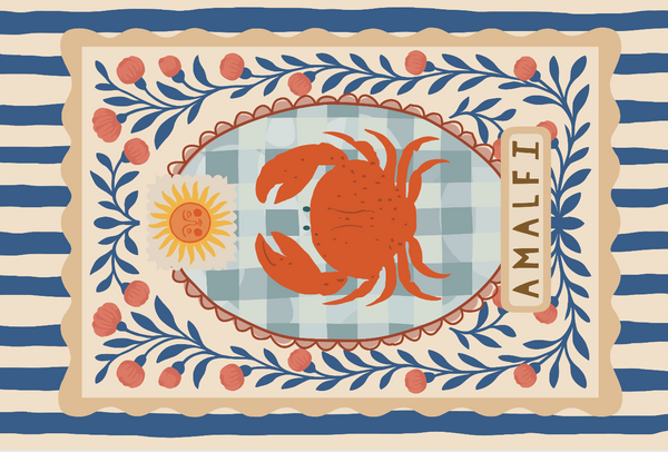 Amalfi Crab Tablecloth featuring an orange crab in a framed panel with Amalfi lettering and blue and cream stripes