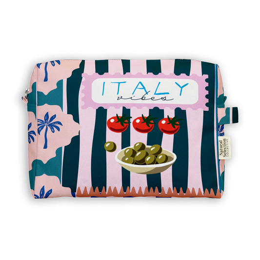 A zippered cosmetic pouch featuring a colorful 'ITALY vibes' graphic print with olive branches, tomatoes, olives, and palm trees on a striped pink and dark teal background, shown on a plain white background.