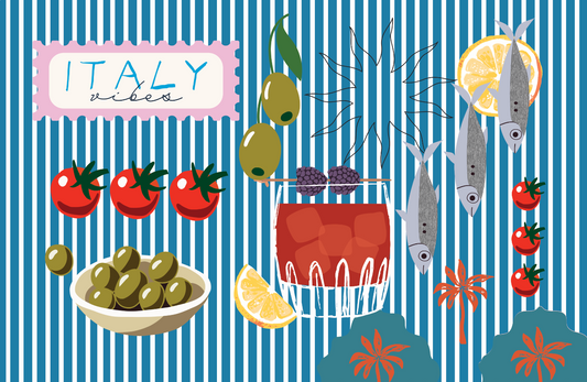 Siesta Tablecloth featuring tomatoes and olives with Italy lettering on teal and pink stripes