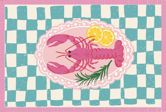 Illustration of a pink lobster with lemon slices on a checkered background