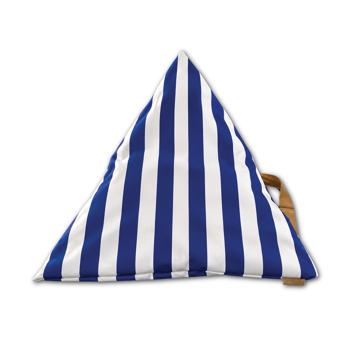 A triangular bean bag chair with vertical blue and white stripes, featuring a tan webbing strap on the right side, shown against a plain white background.