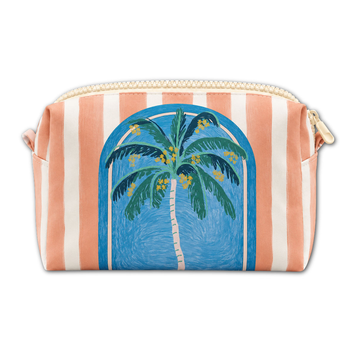 A zippered cosmetic pouch with vertical peach and white stripes, featuring a central illustration of a blue arched tropical scene with a palm tree and yellow coconuts.