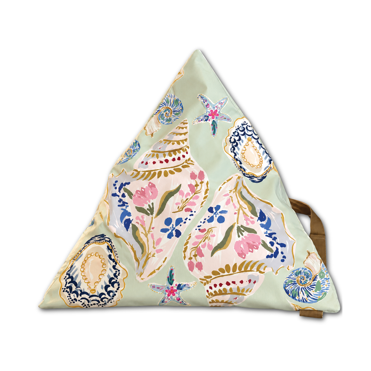 A triangular floor cushion with a light sage green base and an intricate bohemian-style floral and medallion pattern in pink, blue, gold, and white. A tan strap is visible on the right side, set against a plain white background.
