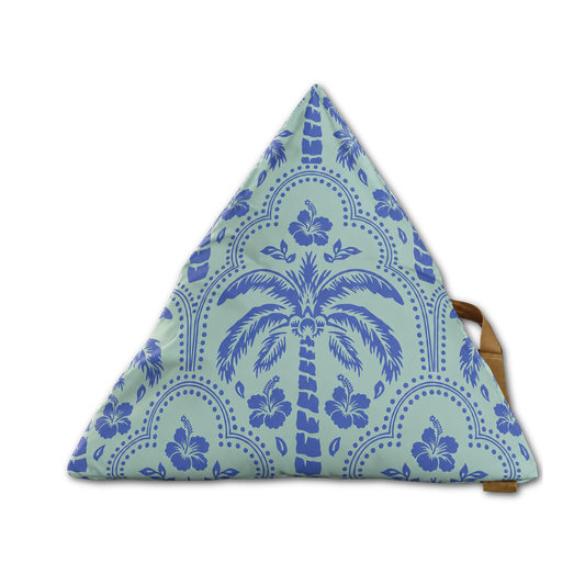 A triangular zippered pouch featuring a light blue and blue tropical pattern with a central palm tree and hibiscus flowers, shown on a plain white background with a brown strap visible on the right.