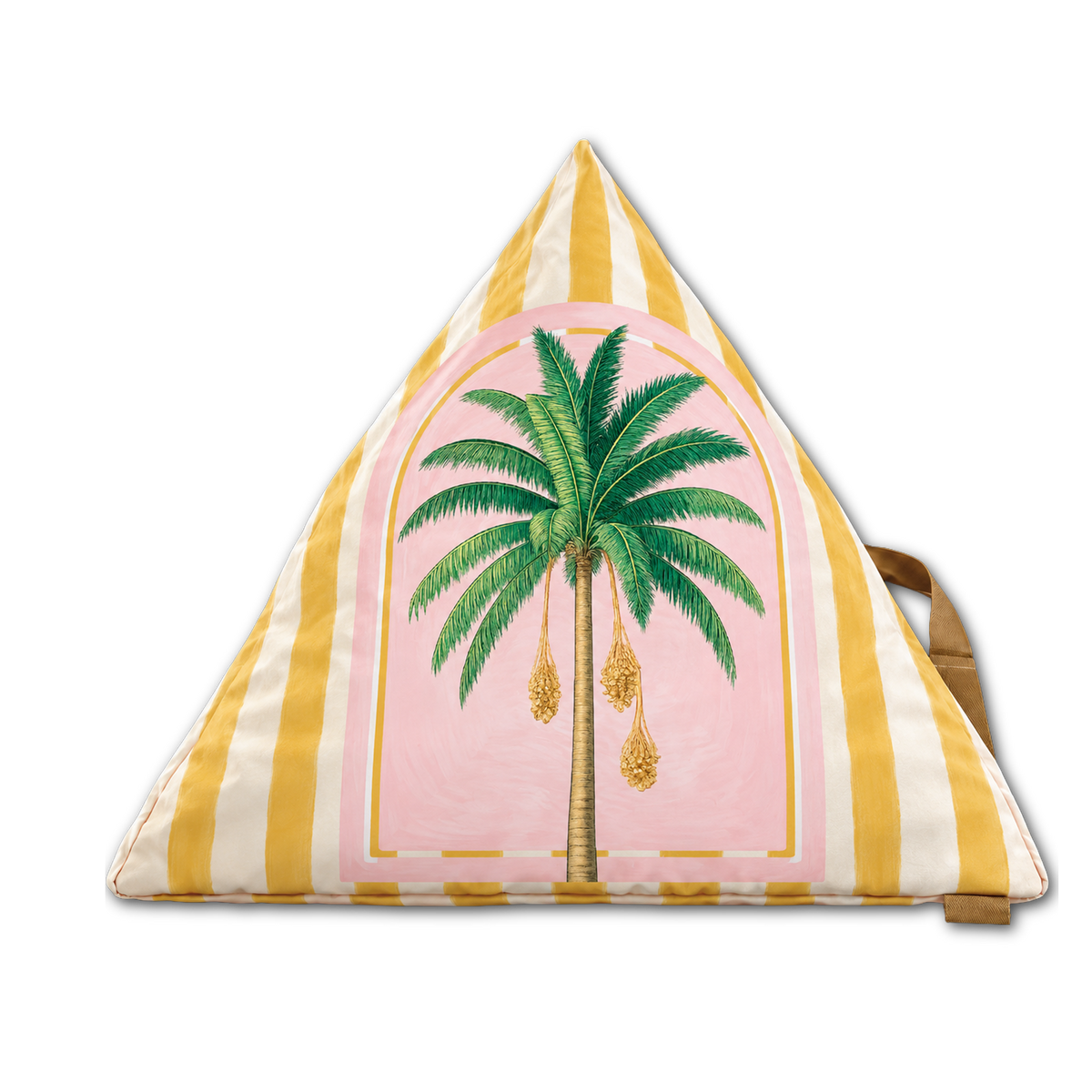 A triangular decorative pillow featuring a tropical design with a palm tree and hanging coconuts on a pink background, bordered by yellow and white stripes.