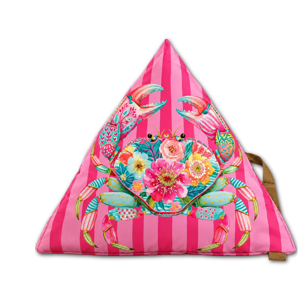 A triangular floor cushion featuring a vibrant pink and magenta striped background with a large, colorful embroidered crab design in the center, shown on a plain white background.
