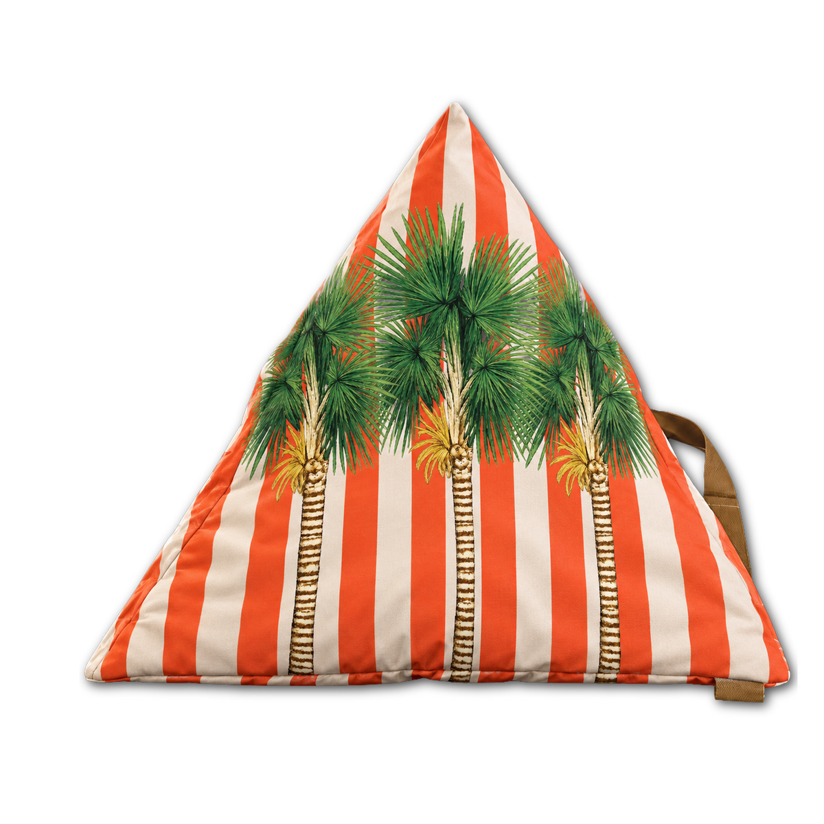 A triangular floor cushion with a retro design featuring orange and cream vertical stripes and green palm tree illustrations, shown on a plain white background.