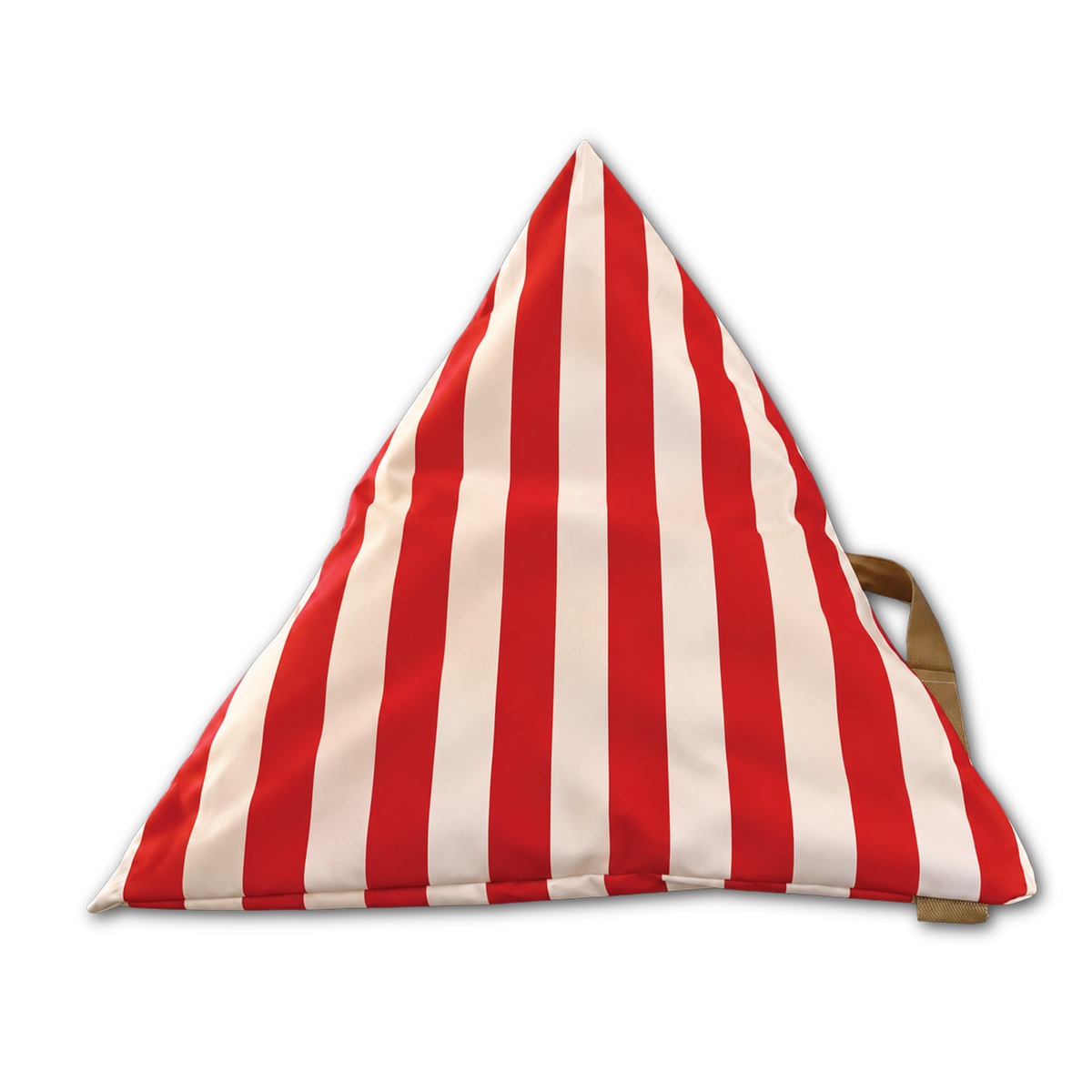 A triangular bean bag chair with bold red and off-white vertical stripes, featuring a tan webbing handle on the right side, isolated on a white background.
