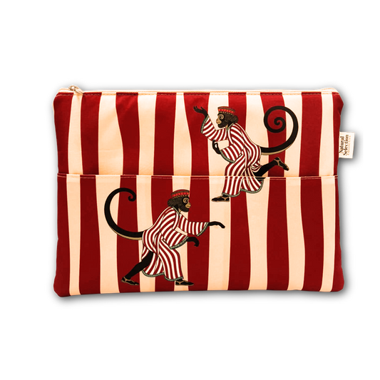 A zippered pouch featuring a red and cream vertical stripe pattern with two cartoon monkeys in matching striped outfits, shown on a plain white background.