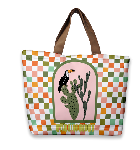 Toucan Arch Organiser Bag featuring a toucan and cactus in an arch with a colourful check border
