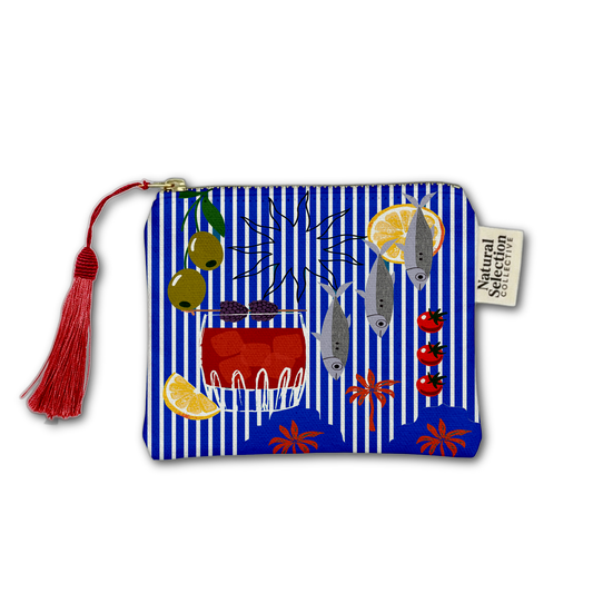 A rectangular zip pouch with a blue and white vertical stripe pattern, decorated with illustrations of olives, mackerel fish, a drink, lemons, tomatoes, and star anise. It features a red tassel zipper pull and a 'Natural Selection' brand tag.