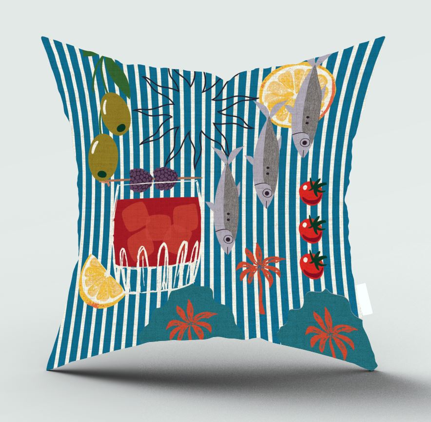 A square throw pillow featuring a colorful Mediterranean-themed graphic print with blue and white vertical stripes, olive branches, fish, tomatoes, and a red grill, shown against a light gray background.