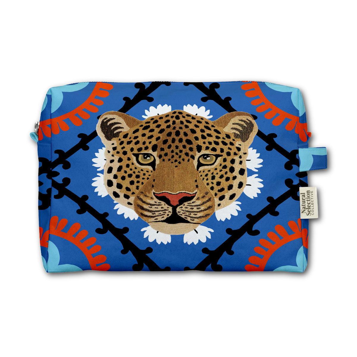 A rectangular blue pouch featuring a central leopard face surrounded by white flowers, overlaid with a black lattice pattern and orange decorative accents, shown on a plain white background.
