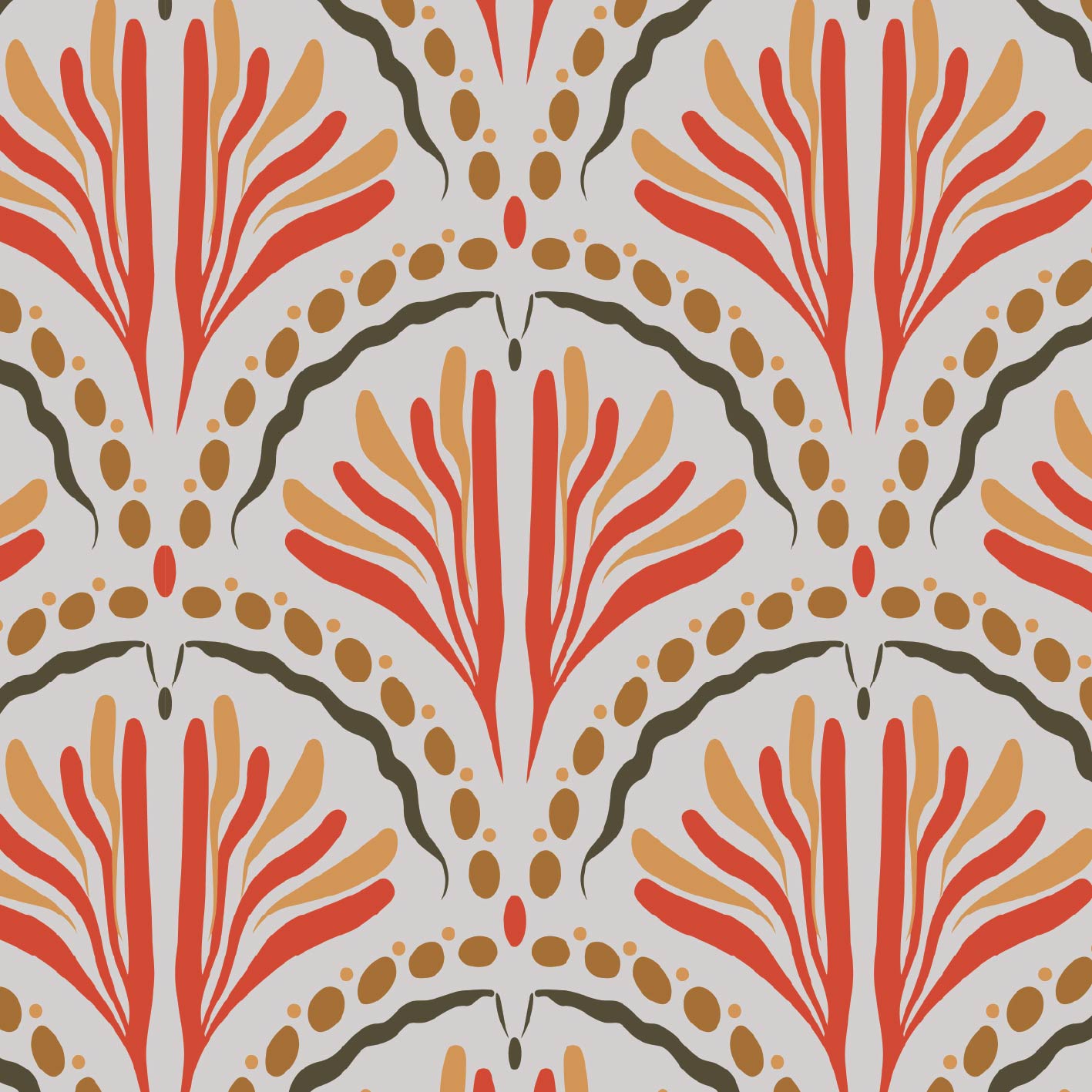 A repeating mid-century modern pattern featuring stylized fan-like motifs in coral red, orange, and tan, separated by dark olive-green wavy lines and dotted borders on a light gray background.