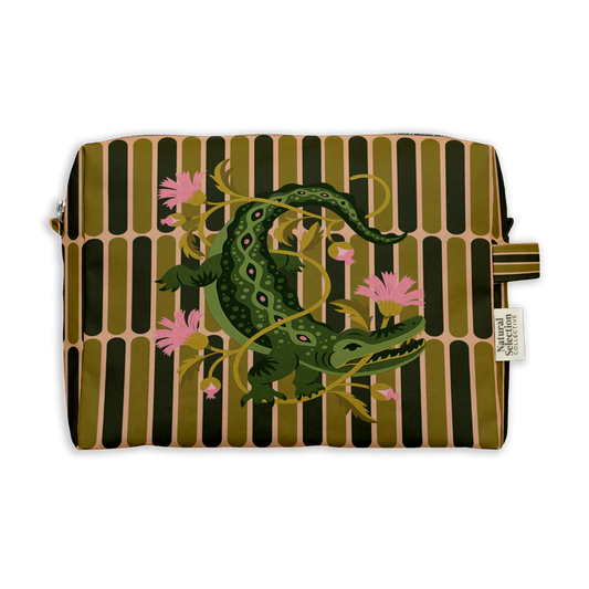 Versailles Crocodile Toiletry Bag featuring a crocodile and pink flowers on olive and black stripes