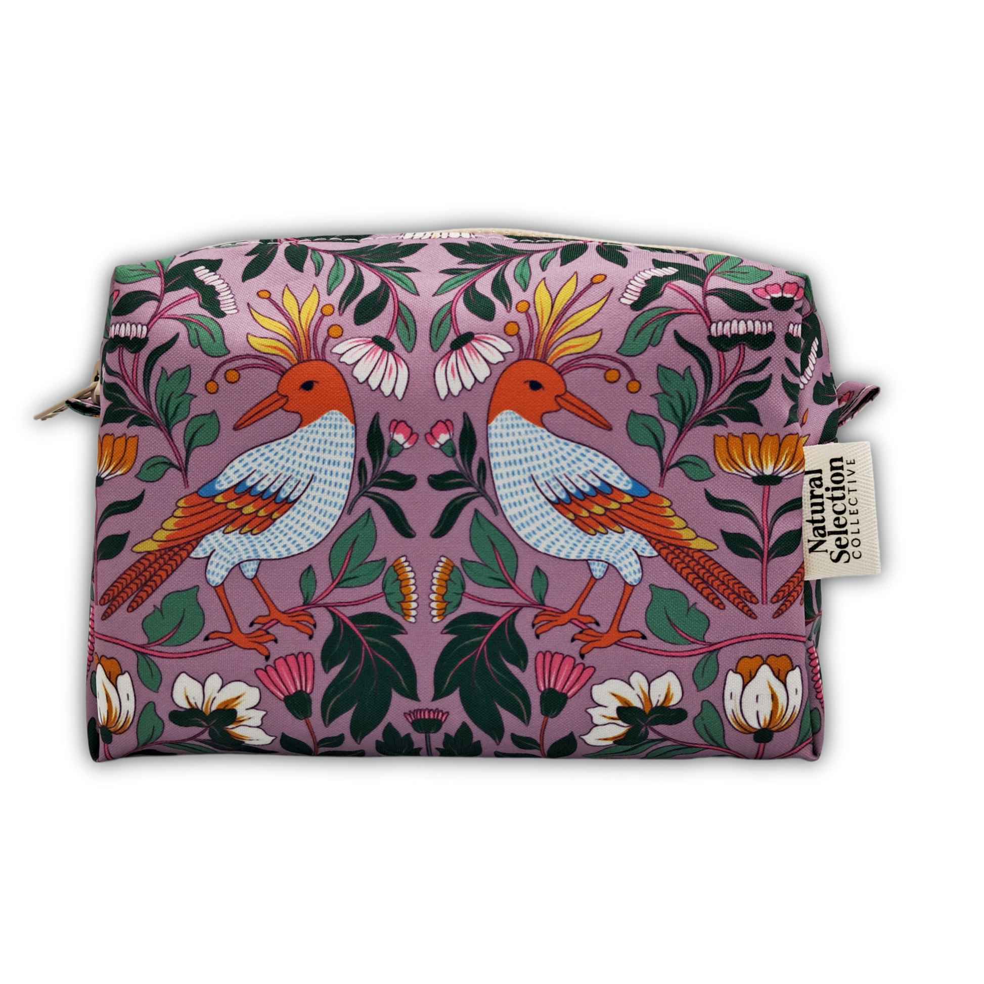 A rectangular zippered pouch featuring a detailed botanical and bird pattern. The design depicts two stylized birds with orange heads and beaks, white patterned bodies, and orange wings, surrounded by green leaves, pink flowers, and yellow accents on a dusty purple background.
