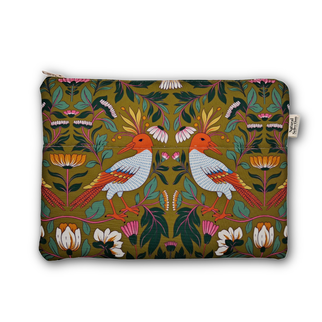 A zippered pouch featuring a detailed botanical and avian pattern with two orange-headed birds, green leaves, and white flowers on an olive green background, shown against a plain white studio backdrop.
