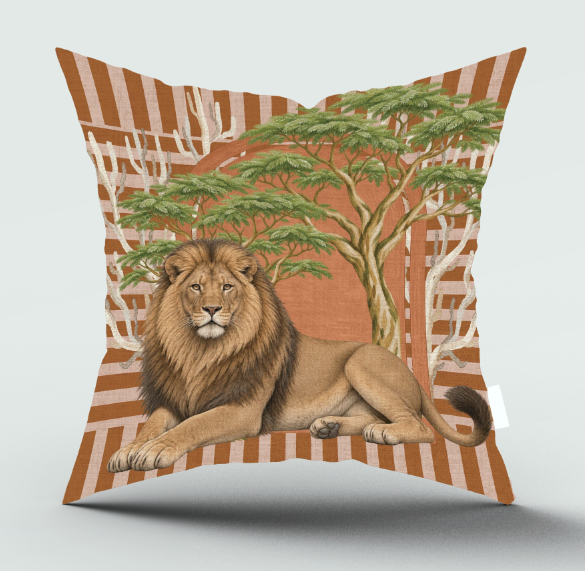 Square throw pillow featuring a detailed illustration of a male lion resting beneath an acacia tree, set against a rust-orange and cream striped background with white tree silhouettes. The pillow is shown on a light gray background with a soft drop shadow.

