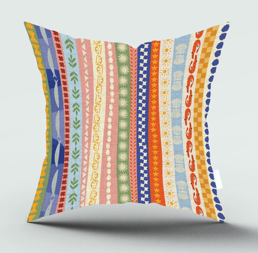 A square decorative throw pillow with a colorful vertical stripe pattern featuring various retro motifs like stars, stripes, leaves, and stylized sea life, shown on a light gray background.