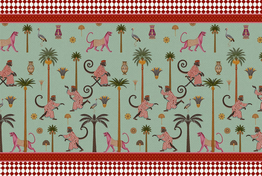 A repeating patterned fabric or wallpaper design featuring stylized apes in pink-and-white striped outfits, pink monkeys, palm trees, birds, and small decorative motifs on a mint green background, with red border bands at the top and bottom.