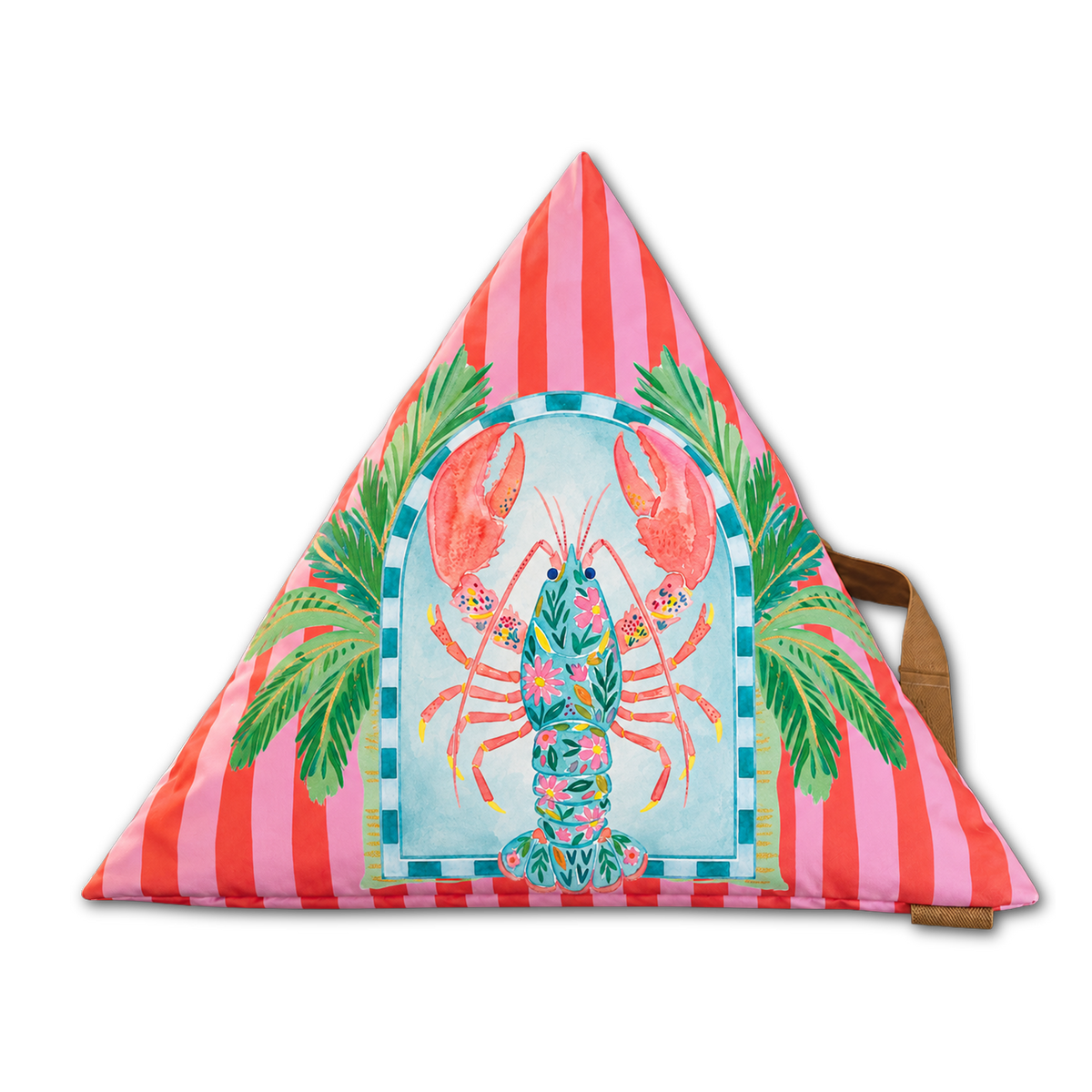 A triangular beach pillow featuring a vibrant lobster design framed by green palm leaves and pink-and-white striped sides, with a brown strap visible on the right, set against a plain white background.