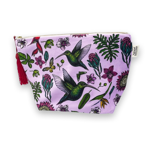 Violet Hummingbird Velvet Makeup Bag